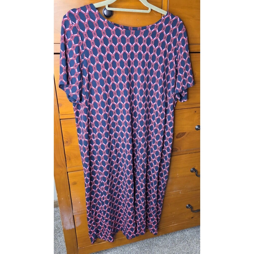 J Jill Wearever Dress Size Large Tall Geometric Short Sleeve Red Blue Stretch